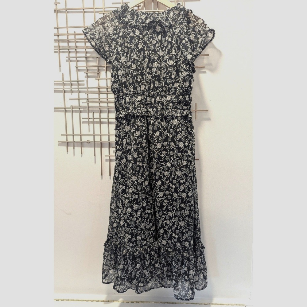 Old Navy Midi Dress Black Floral Smocked Ruffle Med V-Neck Cottagecore Feminine - Picture 2 of 9